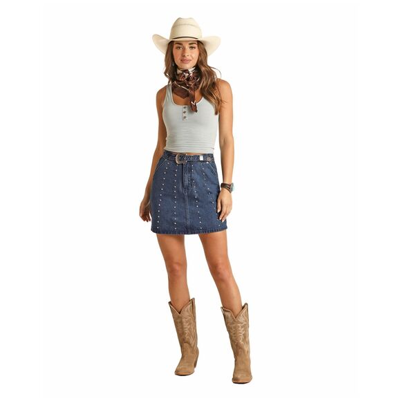 Rock & Roll Denim Skirt Women’s  Blue Jean Zip Fly Belt Studded‎ Stars   3 SIZES - Picture 1 of 8